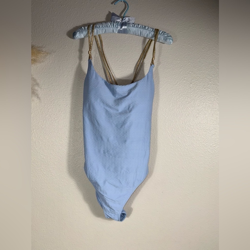 Aerie Blue Textured Gold Strap Full Coverage One Piece Swimsuit Size XL